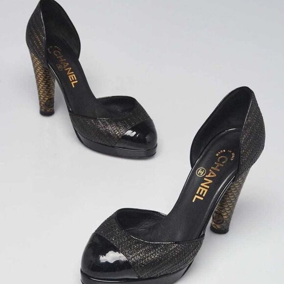 Chanel Black Snakeskin/Patent Leather Cap Toe Pumps Size 6/36.5 - Picture 1 of 5